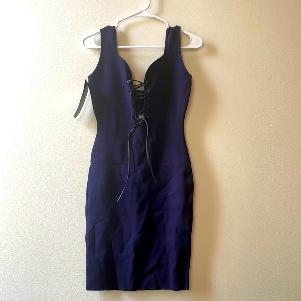 bebe navy blue bandage lace up dress sz s with black leather lace up
